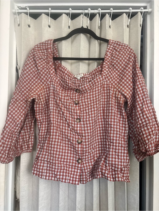 Madewell Tops - Madewell- Gingham Seersucker Puff-Sleeve Button-Front Top